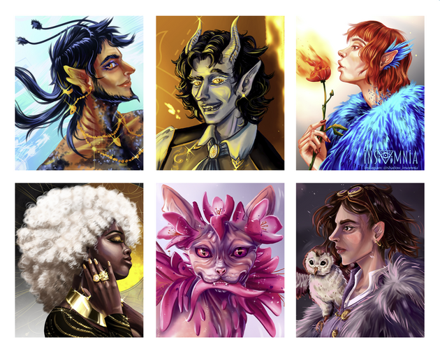 colorful digital portraits of fantasy characters